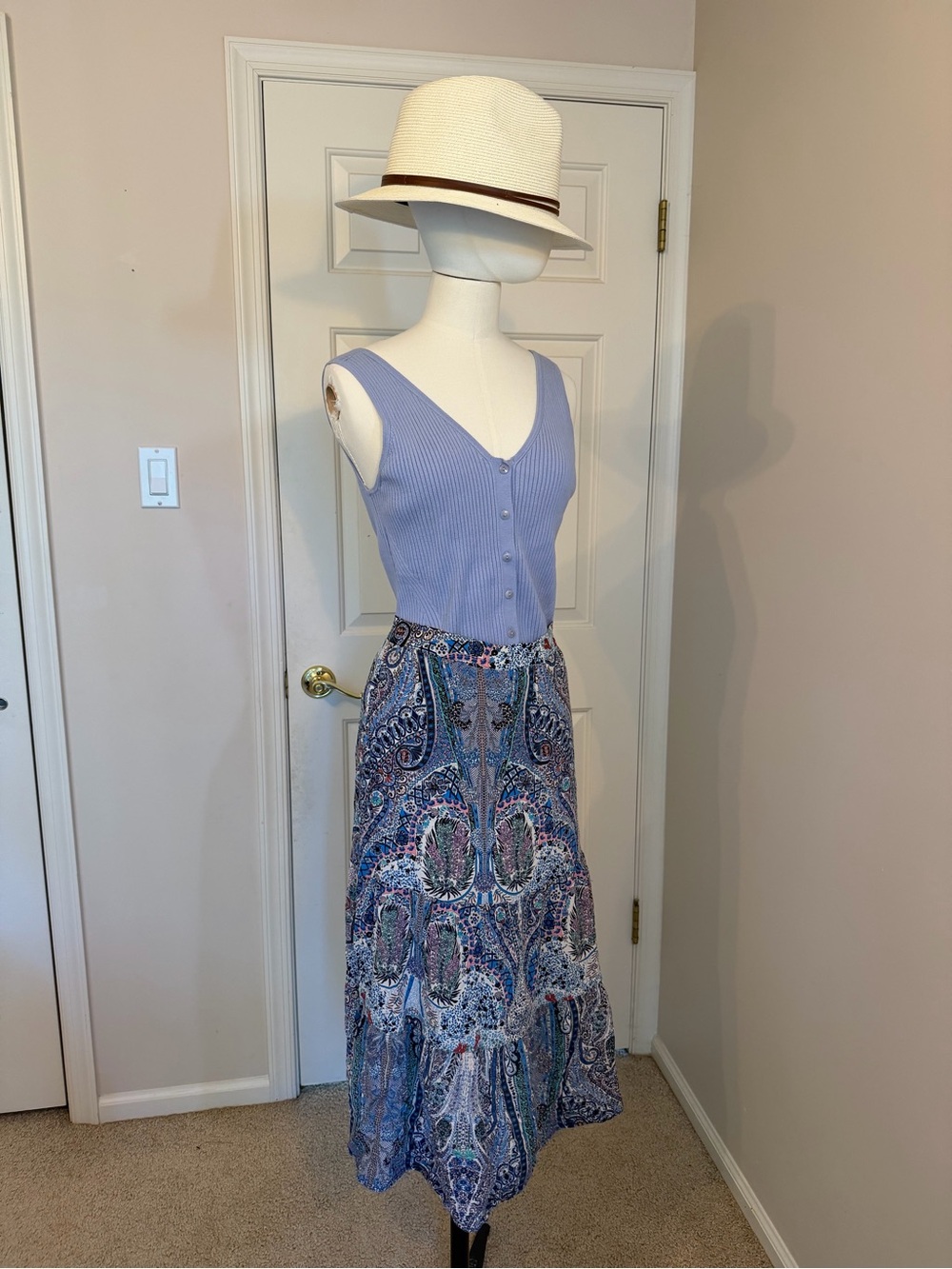 T Tahari Blue Paisley Tiered Maxi Skirt